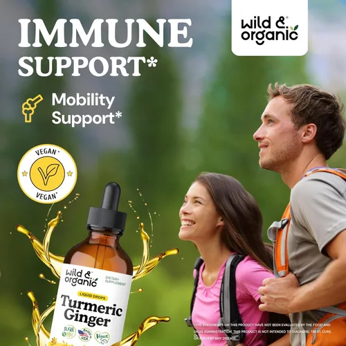 Miniatura 2 de Wild & Organic Gotas de suplemento de cúrcuma y jengibre, apoyo articular e inmunológico, curcumina líquida de cúrcuma con pimienta negra