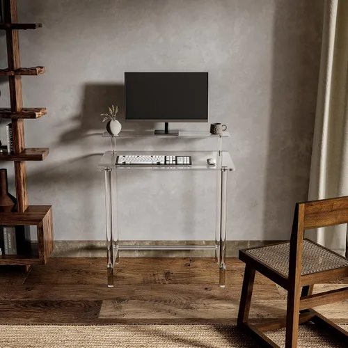Miniatura 6 de Eglaf Escritorio acrílico para oficina en casa con soporte para monitor, escritorio moderno y transparente, mesa de estudio, escritorio
