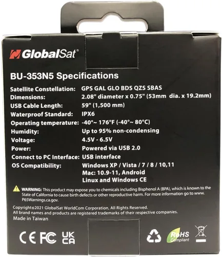 Miniatura 3 de GlobalSat BU-353N5 Receptor USB GNSS, negro, fabricado en Taiwán