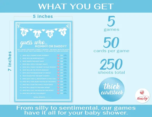 Miniatura 2 de Party Hearty Juegos de baby shower para niños, 250 tarjetas de actividades de 5 juegos azules, divertidos juegos de baby shower, ideas para baby
