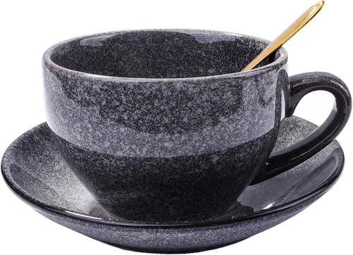 Miniatura 8 de Juego de taza de café y platillo de cerámica azul con cuchara dorada, juego de tazas de té artesanales de esmalte azul profundo de 10 onzas, taza