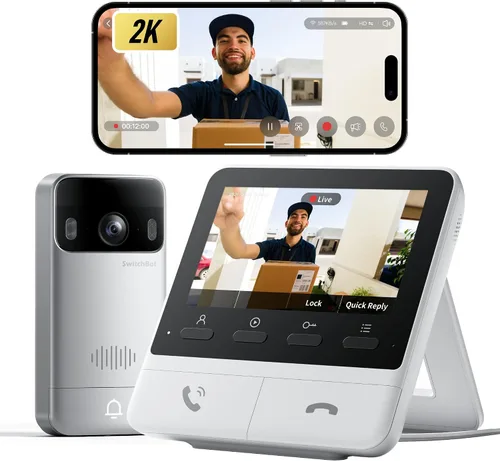 SwitchBot Cámara de timbre de video inalámbrica con monitor, sin suscripción, pantalla de 4.3 pulgadas, funciona con pilas, vista de la cabeza a los