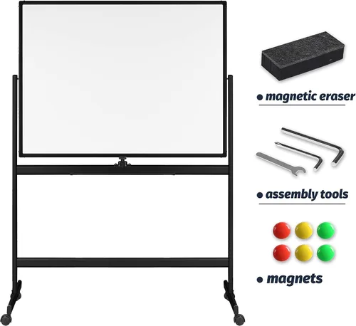 Miniatura 4 de INNOVART Pizarra blanca móvil de 48 x 36 pulgadas, pizarra magnética de borrado en seco de doble cara reversible de 360° con soporte rodante