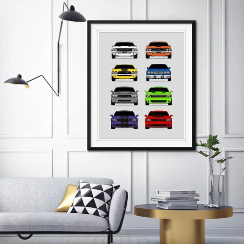 Miniatura 5 de Custom Car Posters Póster hecho a mano compatible con Dodge Challenger Generations e impresión de Challenger SRT, multicolor, impresión metálica