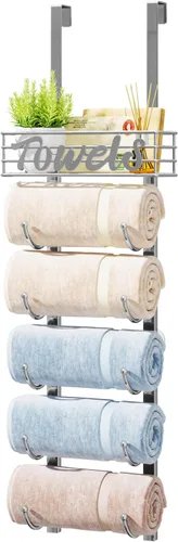 Miniatura 10 de HapiRm Toalleros para almacenamiento de baño, 3 niveles sobre la puerta y montaje en pared, organizador de toallas enrollado con cesta de estante