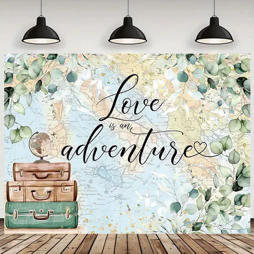 Love is an Adventure telón de fondo para fotografía Let The Adventure Begin, fondo temático de viaje, baby shower, despedida de soltera, decoración