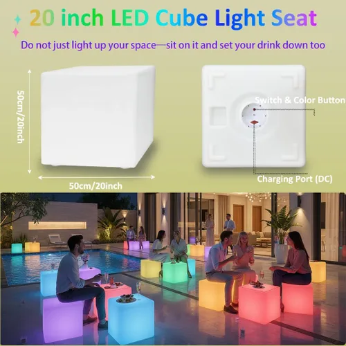 Miniatura 7 de Silla de cubo LED de 20 pulgadas, Mesa de Luz de Cubo LED Inalámbrica Recargable, cubos de luz brillantes de 16 colores, lámpara de pie impermeable