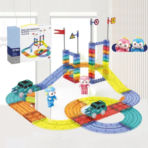Juego de azulejos magnéticos de carreras STEM Engineering Slot Cars en pistas flexibles de coche, 63 piezas de bloques de construcción magnéticos
