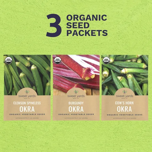 Miniatura 2 de Paquete variado de semillas orgánicas de Okra Lovers – 3 paquetes individuales – Temporada 2026 – Cowhorn, Burgundy y Clemson Spineless para plantar