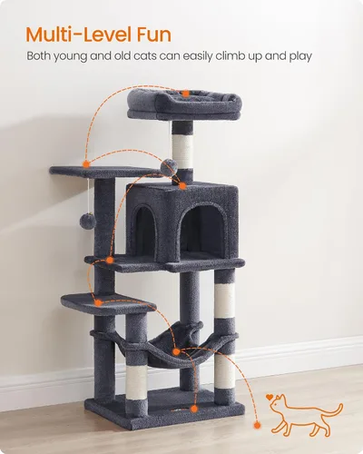 Miniatura 3 de Feandrea - Árbol para gatos de varios niveles para interiores, torre para gatos tipo condominio con 4 postes para rascar, 2 posaderos, hamaca y Gris