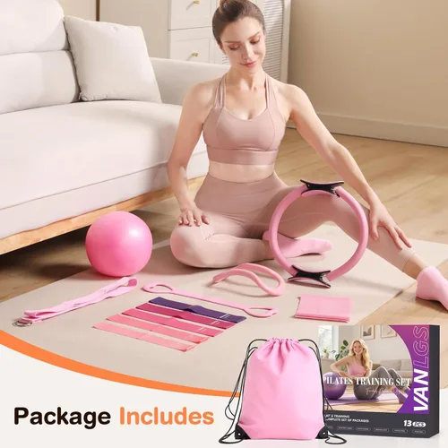 Miniatura 8 de Pilates Kit 13Pcs Home Pilates Essentials Workout Kit with 13" Ring, 10" Ball and Resistance Bands for Women at Home Pilates Equipment Set for Rosa