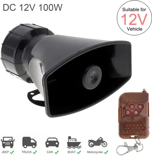 Miniatura 4 de 7 sonidos ruidosos alarma de advertencia de coche policía fuego sirena cuerno altavoz con control remoto marrón 12V 100W (1PC control remoto)
