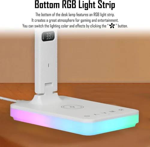 Miniatura 6 de Lámpara de escritorio LED con carga inalámbrica y por cable, luz de mesa plegable, 5 modos de brillo y 3 modos de iluminación, pantalla de tiempo
