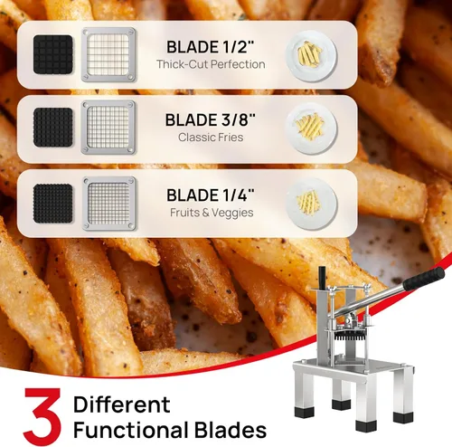 Miniatura 3 de Cortador comercial de papas fritas y cortador de verduras con 3 cuchillas de acero inoxidable - 3/8 pulgadas, 1/2 pulgadas, 1/4 pulgadas - Cortador