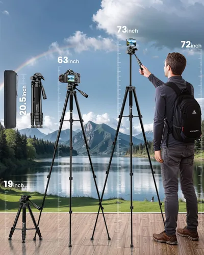 Miniatura 3 de Soporte de trípode para cámara de 73 pulgadas, trípode de aluminio con soporte para teléfono, bolsa de viaje, compatible con GoPro/DSLR/teléfono