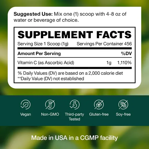 Miniatura 8 de Fresh Nutrition Suplemento de vitamina C en polvo de 1 libra, apoyo inmunológico puro y potente, 1000 mg por cucharada, delicioso sabor, vegano, sin