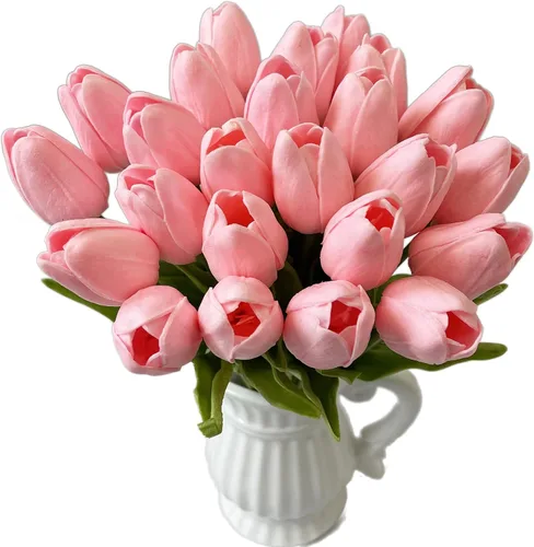 Miniatura 9 de UKELER Tulipanes artificiales a granel, 24 piezas de corona de bricolaje de tacto real, flores de tulipán artificiales para el hogar, cocina, boda