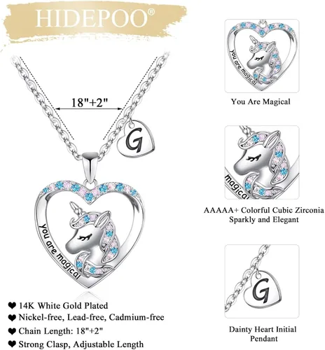 Miniatura 4 de Hidepoo Regalos para el día de San Valentín Collar de unicornio para niñas, chapado en oro blanco de 14 quilates con colgante de corazón