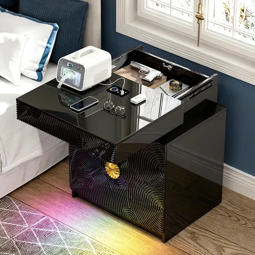 Miniatura 14 de WOOVIVS Juego de 2 mesitas de noche con carga inalámbrica y luces LED para dormitorio, mesita de noche con tablero de vidrio y diseño de 2 cajones