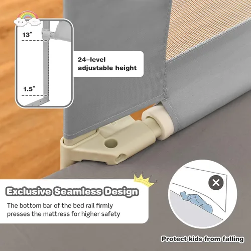 Miniatura 5 de BABY JOY Riel de cama para niños pequeños, 69 pulgadas, extra largo, altura ajustable y plegable, protector de riel de cama de bebé con bolsillo