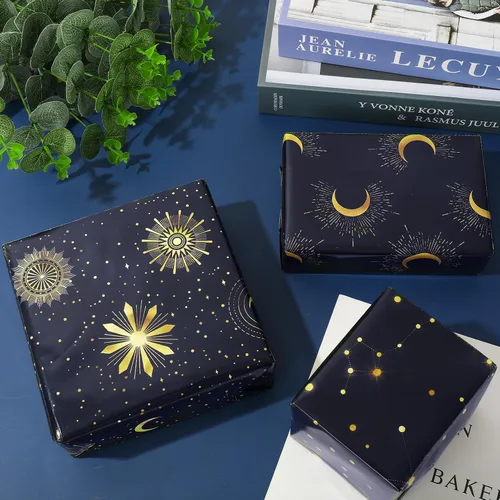 Miniatura 4 de 12 hojas de papel de regalo de galaxia, cielo nocturno negro, envoltura de regalo a granel, luna, estrella, papel decorativo de arte