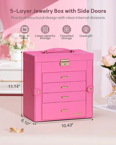 Miniatura 47 de Homde Regalos de Navidad de cuero sintético, enorme joyero, organizador de reloj con espejo, collar, anillo y aretes, estuche de regalo con Dorado