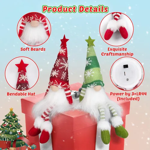 Miniatura 4 de Paquete de 6 adornos navideños de gnomo, gnomos suecos hechos a mano iluminados Tomte de peluche con luces, elfo de Papá Noel festivo, regalo