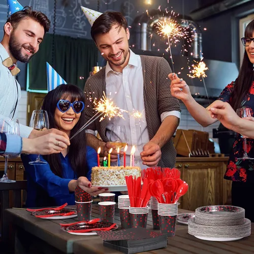 Miniatura 7 de Sieral 560 piezas de suministros de fiesta negros y rojos para 80 invitados, juego de vajilla desechable con platos de papel negro y rojo