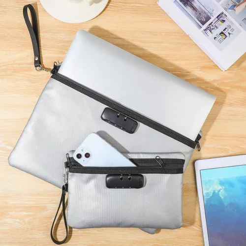 Miniatura 5 de Nezyo Bolsa de documentos de dinero segura ignífuga con cerradura, 2 piezas, diario notario, bolsa impermeable con cremallera para bolsa de Gris
