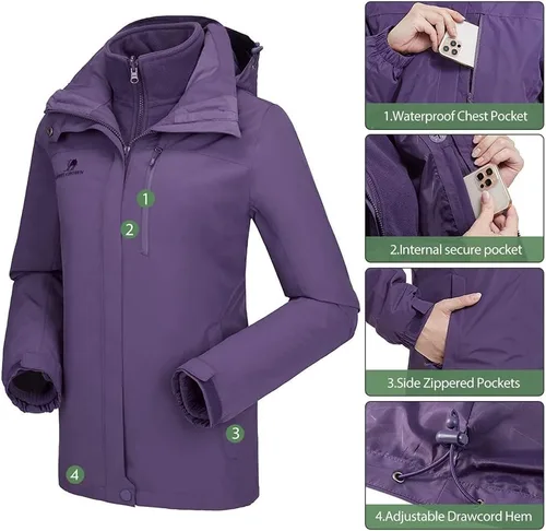 Miniatura 14 de CAMEL CROWN Chaqueta de esquí impermeable 3 en 1 para mujer, abrigo de invierno rompevientos, chaquetas de snowboard para lluvia, nieve, senderismo