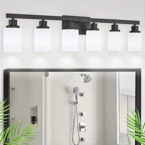 Miniatura 21 de Juego de 2 apliques de pared para baño, 1 luz negra, apliques de pared modernos para interiores con pantallas de vidrio blanco, lámpara de pared