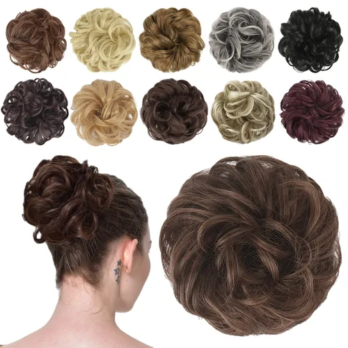 Miniatura 13 de FESHFEN Pieza de Cabello de Moño Desordenado - Extensiones Elásticas Onduladas Rizadas de Moño Scrunchies Sintético Chignon Postizos para Mujeres