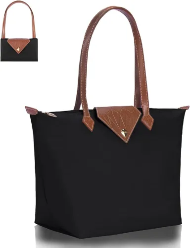 Bolso de mano para mujer, bolso de hombro de nailon ligero grande y bolso de trabajo de viaje, plegable con asa superior con cremallera