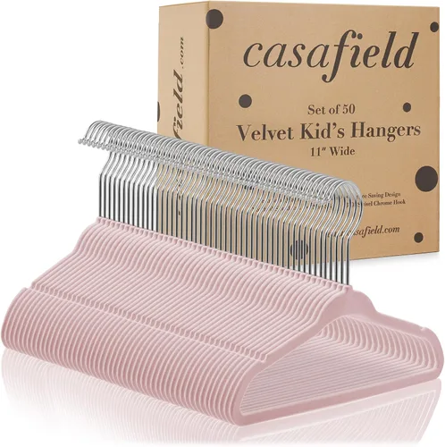 Miniatura 4 de Casafield 50 perchas de terciopelo para bebé, tamaño de 11 pulgadas para ropa de bebés y niños pequeños, color rosa claro