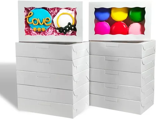 Miniatura 19 de RomanticBaking Paquete de 50 cajas de galletas blancas de 7 x 4 3/8 x 1 1/2 pulgadas, cajas de panadería resistentes con ventana, cajas de macarrón