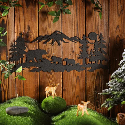 Miniatura 3 de Moxweyeni Arte de pared de oso de metal, bosque de oso de montaña, decoración rústica de caza de animales para decoración de pared de dormitorio