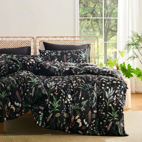 Miniatura 4 de Nayoroom Funda de edredón floral negra, tamaño Queen, funda de edredón de flores botánicas de primavera, 3 piezas, suave, ligera, juego de ropa