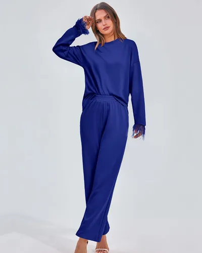 Miniatura 3 de BTFBM Women Two Piece Outfits 2023 Feather Trim Loose Long Sleeve Pullover Leg Pants Casual Sweatsuit Tracksuits Sets