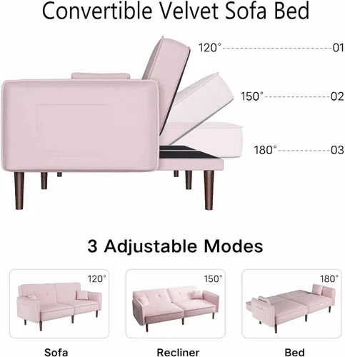 Miniatura 3 de Futón biplaza de 75 pulgadas, sofá cama convertible de terciopelo, moderno con patas de madera, sofá reclinable tapizado plegable, asiento de espuma