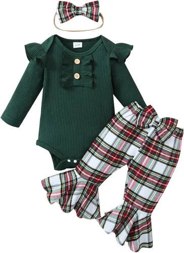 Miniatura 44 de Kuriozud Conjunto de mameluco con volantes para bebé recién nacida, con volantes, lindo conjunto de pantalones acampanados con diadema