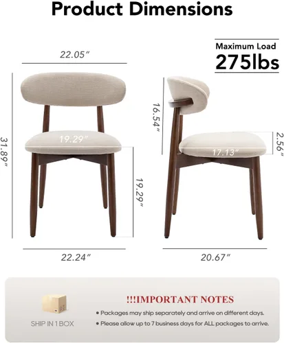 Miniatura 6 de Juego de 2 sillas de comedor, sillas de comedor tapizadas de granja, sillas de cocina de tela moderna con patas de madera maciza, color beige