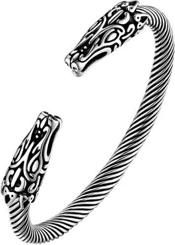 Bestyle Brazalete vikingo de acero inoxidable pesado para hombres y niños, pulsera ajustable abierta de cuervoloboruna, vintage, retro, joyería
