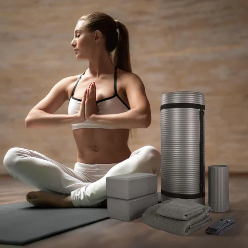 Miniatura 5 de BalanceFrom Juego de yoga de 7 piezas con esterilla extra gruesa de 71 x 24 x 1 pulgadas y correa de transporte – Incluye 2 bloques, correa de Gris