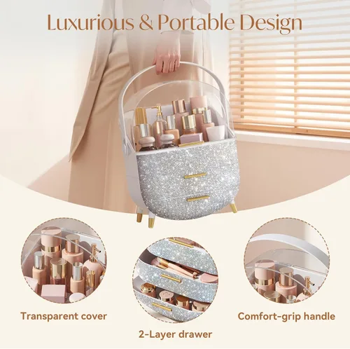 Miniatura 4 de Organizadores de maquillaje Bling, estuche de exhibición de cosméticos con cubierta transparente, organizadores de maquillaje de tocador para lápiz