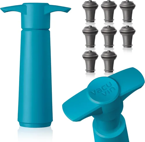 Miniatura 14 de Vacu Vin - Bomba de Ahorro de Vino Azul con Tapón de Vino al Vacío - Mantén Tu Vino Fresco hasta 10 Días - 1 Bomba 4 Tapones - Reutilizable