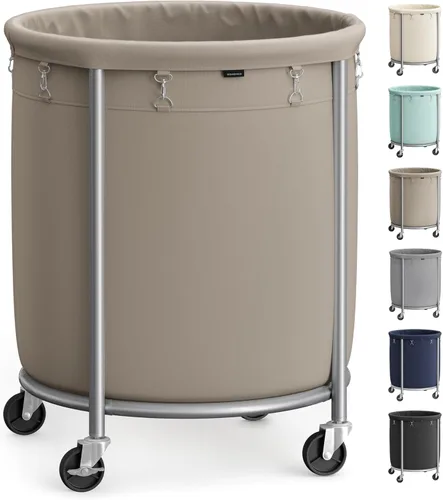 Miniatura 20 de Songmics – Cesta de lavandería de 29 galones (110 L) con ruedas, carrito rodante resistente redondo con marco de acero y bolsa extraíble, 2 ruedas