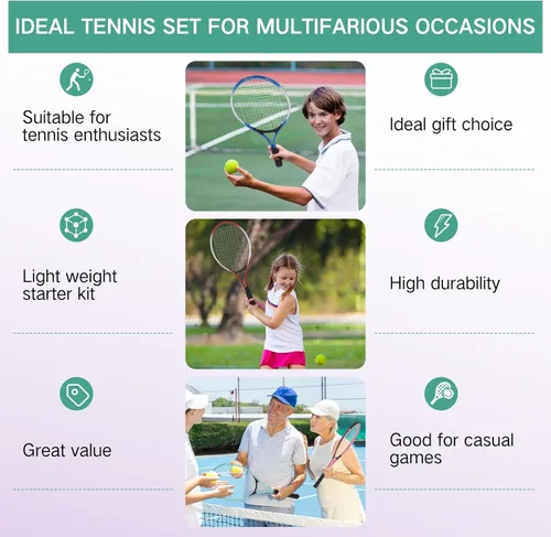 Miniatura 5 de 16 raquetas de tenis para adultos recreativas para 8 jugadores, raqueta de tenis de 27 pulgadas, raqueta de tenis ligera a granel con 8 pelotas