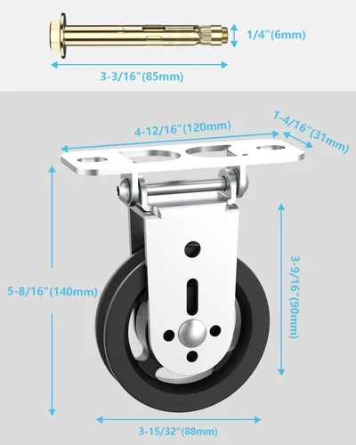 Miniatura 5 de Bloques de polea de gimnasio, rueda de polea fija de montaje en pared de 3.5 pulgadas/3.465 in, rotación de actualización de 180 grados, soporte