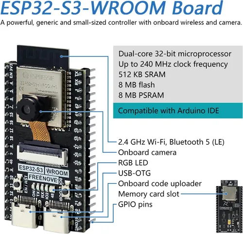Miniatura 3 de Freenove Placa ESP32-S3 ESP32 S3 CAM (flash de 16 MB), microcontrolador de doble núcleo de 32 bits a 240 MHz, cámara a bordo inalámbrica, código