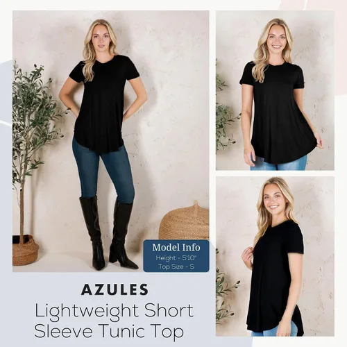 Miniatura 2 de Azules Blusa larga de manga corta para mujer, con cuello redondo y dobladillo curvado, suave y elástica